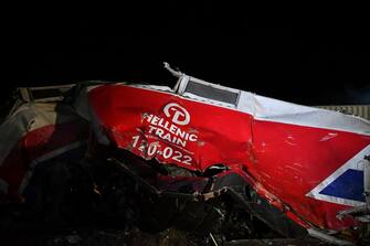 Rail accident involving a collision between a cargo and a passenger train in the Evangelismos area of Larissa, Greece on March 1, 2023. (Photo by STRINGER / SOOC / SOOC via AFP) (Photo by STRINGER/SOOC/AFP via Getty Images)