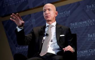 Jeff Bezos, president and CEO of Amazon and owner of The Washington Post, speaks at the Economic Club of Washington DC's "Milestone Celebration Dinner" in Washington, U.S., September 13, 2018.