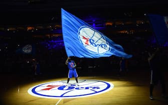 PHILADELPHIA, PA - JANUARY 10: A member of the Philadelphia 76ers dance team holds the team flag logo against the Indiana Pacers at Wells Fargo Center on January 10, 2015 in Philadelphia, Pennsylvania NOTE TO USER: User expressly acknowledges and agrees that, by downloading and/or using this Photograph, user is consenting to the terms and conditions of the Getty Images License Agreement. Mandatory Copyright Notice: Copyright 2015 NBAE (Photo by Jesse D. Garrabrant/NBAE via Getty Images)