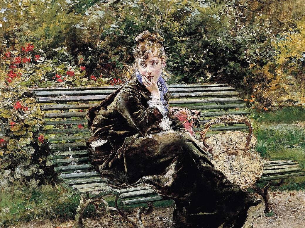 Giovanni Boldini, Sulla panchina al Bois, 1872. Olio su tavola 46 x 34 cm. Collezione privata