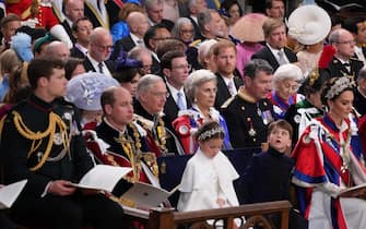 LONDON, ENGLAND - MAY 06: (front, left to right) Princ William, The Prince of Wales, Princess Charlotte, Prince Louis and Catherine, Princess of Wales with the Duke of Sussex sat in the third row, at the coronation ceremony of King Charles III and Queen Camilla in Westminster Abbey, on May 6, 2023 in London, England. (Photo Victoria Jones - WPA Pool/Getty Images)
