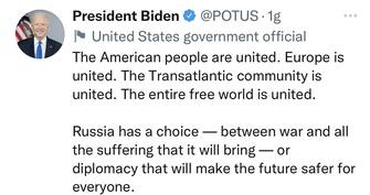 “Difenderemo ogni centimetro del territorio Nato con la piena forza della potenza americana”: Joe Biden parlando alla Casa Bianca sugli sviluppi della crisi ucraina