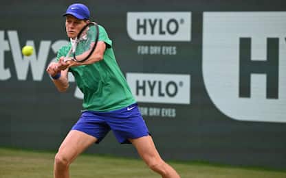 Kazakhstan's Alexander Bublik plays the ball to Italy's Jannik Sinner in their men's singles tennis match during the Halle Open ATP tennis tournament in Halle, on June 19, 2025. (Photo by CARMEN JASPERSEN / AFP) (Photo by CARMEN JASPERSEN/AFP via Getty Images)          