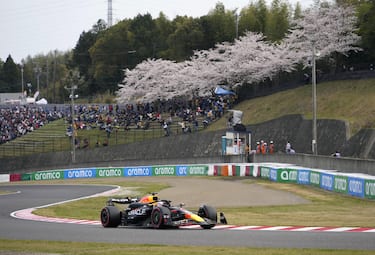 epa11261796 Red Bull Racing driver Max Verstappen of Netherlands in action with view of cherry blossoms during the Qualifying for the Formula 1 Japanese Grand Prix at the Suzuka International Racing Course in Suzuka, Japan, 06 April 2024. The 2024 Formula 1 Japanese Grand Prix is held on 07 April.  EPA/FRANCK ROBICHON