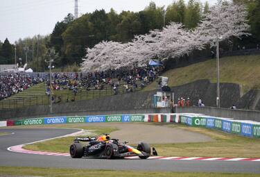 epa11261796 Red Bull Racing driver Max Verstappen of Netherlands in action with view of cherry blossoms during the Qualifying for the Formula 1 Japanese Grand Prix at the Suzuka International Racing Course in Suzuka, Japan, 06 April 2024. The 2024 Formula 1 Japanese Grand Prix is held on 07 April.  EPA/FRANCK ROBICHON