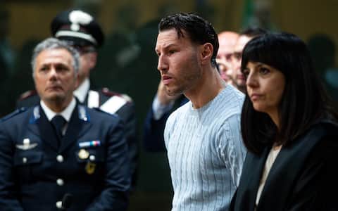 Gabriele Bianchi durante la sentenza per lÃ?udienza del processo di Appello bis a carico dei fratelli Gabriele e Marco Bianchi per lÃ?omicidio Willy Monteiro Duarte, presso la Corte dÃ?Appello, Roma, 14 marzo 2025. ANSA/ANGELO CARCONI