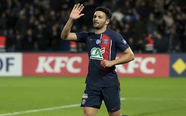 Goncalo Ramos of PSG celebrates his goal during the French Cup, round of 16 football match between Paris Saint-Germain (PSG) and Stade Brestois 29 (Brest) on February 7, 2024 at Parc des Princes stadium in Paris, France