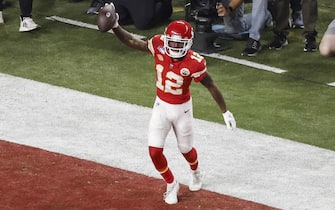 epa11146618 Kansas City Chiefs Mecole Hardman Jr.celebrates after scoring the game winning touchdown as the Kansas City Chiefs defeated the San Fransisco 49ers in Super Bowl LVIII at Allegiant Stadium in Las Vegas, Nevada, USA, 11 February 2024. The Super Bowl is the annual championship game of the NFL between the AFC Champion and the NFC Champion and has been held every year since 1967.  EPA/CAROLINE BREHMAN
