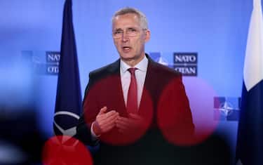 NATO Secretary General Jens Stoltenberg speaks during q joint press conference with to Finland's Foreign and Defence Ministers at the NATO headquarters in Brussels on March 20, 2023. (Photo by Kenzo TRIBOUILLARD / AFP)