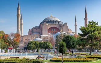 Hagia Sophia in sunny autumn day from Sultanahmet Park in Istanbul, Turkey