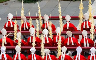 Cardinals arrive for the mass on Palm Sunday in St. Peter's Square at The Vatican, 13 April 2025. ANSA/FABIO FRUSTACI 
