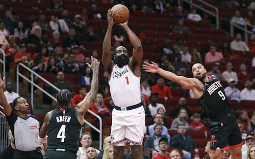 Nov 15, 2024; Houston, Texas, USA; Los Angeles Clippers guard James Harden (1) shoots the ball during the first quarter against the Houston Rockets at Toyota Center. Mandatory Credit: Troy Taormina-Imagn Images/Sipa USA