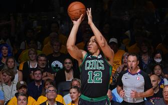 SAN FRANCISCO, CA - JUNE 13: Grant Williams #12 of the Boston Celtics shoots a three point basket against the Golden State Warriors during Game Five of the 2022 NBA Finals on June 13, 2022 at Chase Center in San Francisco, California. NOTE TO USER: User expressly acknowledges and agrees that, by downloading and or using this photograph, user is consenting to the terms and conditions of Getty Images License Agreement. Mandatory Copyright Notice: Copyright 2022 NBAE (Photo by Garrett Ellwood/NBAE via Getty Images)