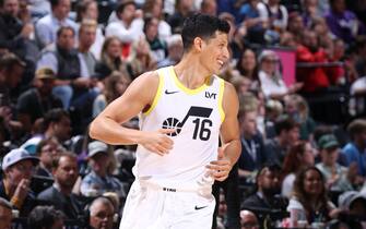 SALT LAKE CITY, UT - OCTOBER 14: Simone Fontecchio #16 of the Utah Jazz smiles during the preseason game on October 14, 2023 at vivint.SmartHome Arena in Salt Lake City, Utah. NOTE TO USER: User expressly acknowledges and agrees that, by downloading and or using this Photograph, User is consenting to the terms and conditions of the Getty Images License Agreement. Mandatory Copyright Notice: Copyright 2023 NBAE (Photo by Melissa Majchrzak/NBAE via Getty Images)