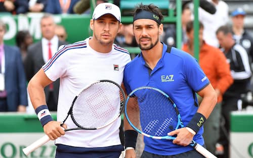 Italy's Fabio Fognini (R) and Serbia's Dusan Lajovic pose prior to their final tennis match of the Monte-Carlo ATP Masters Series tournament in Monaco on April 21, 2019. (Photo by Yann COATSALIOU / AFP)        (Photo credit should read YANN COATSALIOU/AFP via Getty Images)