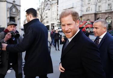 The Duke of Sussex (centre) arrives at the Royal Courts Of Justice, central London, ahead of a hearing claim over allegations of unlawful information gathering brought against Associated Newspapers Limited (ANL) by seven people - the Duke of Sussex, Baroness Doreen Lawrence, Sir Elton John, David Furnish, Liz Hurley, Sadie Frost and Sir Simon Hughes. Picture date: Monday March 27, 2023. (Photo by Jordan Pettitt/PA Images via Getty Images)