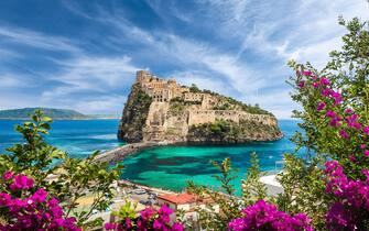 Ischia, Italy - June 11, 2019: Landscape with Aragonese Castle,  Ischia island, Italy
