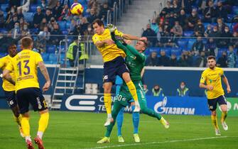Sergey Pesyakov (No.30) and Maksim Osipenko (No.55) of Rostov are seen in action during the Russian Premier League football match between Zenit Saint Petersburg and Rostov at Gazprom Arena.
Final score; Zenit 2:2 Rostov.