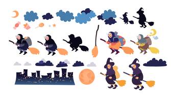 Buona Befana greeting card elements set with old witch flying on a broom in the night to bring presents. Hand drawn flat vector illustration. Phrase translation: Happy Epiphany