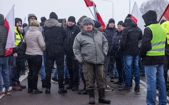 Farmers block the access to the Polish-Ukrainian border crossing in Dorohusk, eastern Poland on February 9, 2024, during a farmers' protest across the country against EU politics and Ukrainian agricultural products allowed on EU market at low prices. (Photo by Wojtek Radwanski / AFP) (Photo by WOJTEK RADWANSKI/AFP via Getty Images)