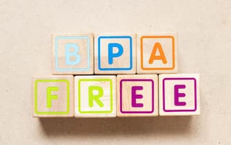 Color letter block in word BPA (Bisphenol A) free on wood background