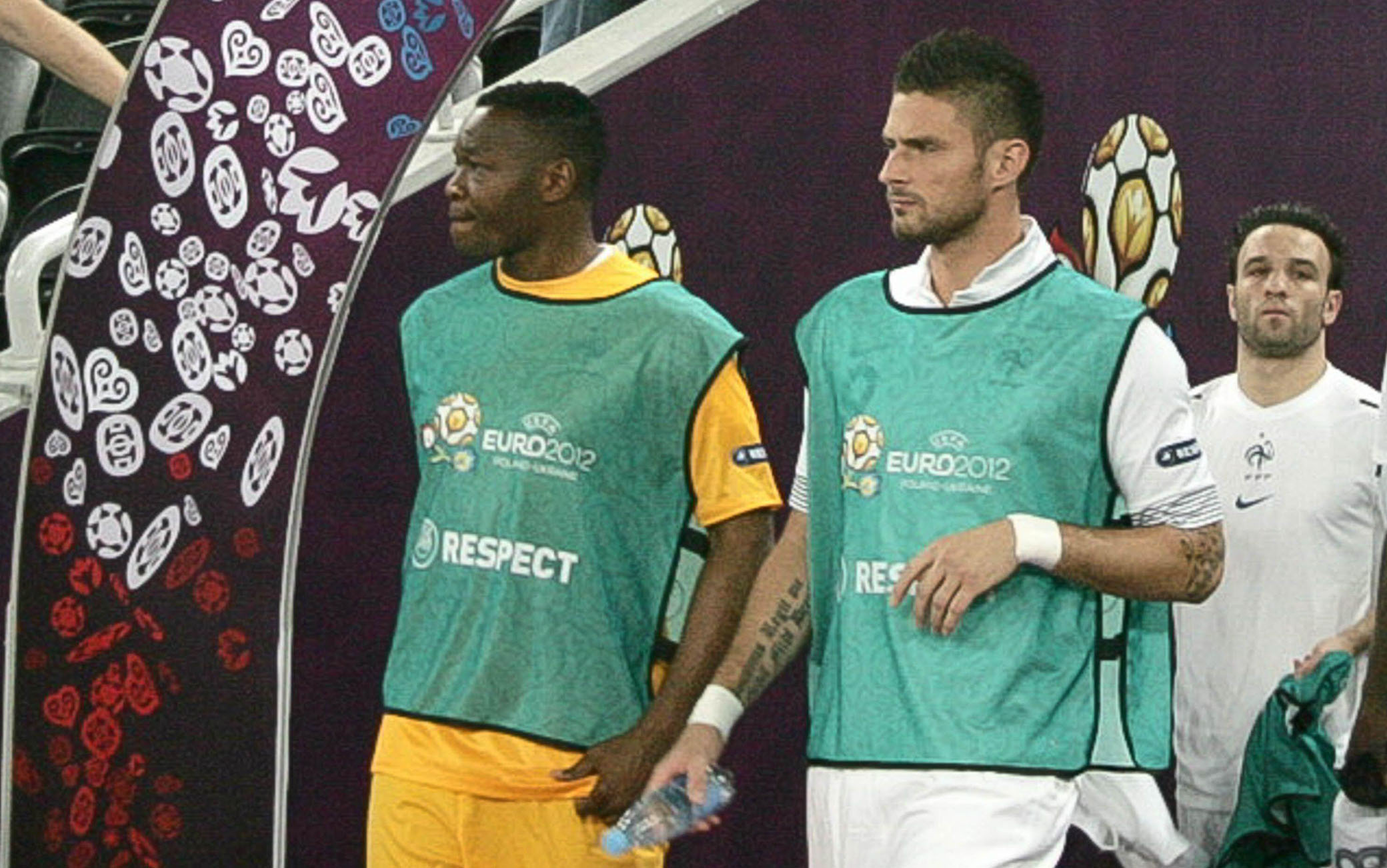 Steve Mandanda ,Olivier Giroud ,Mathieu Valbuena and Alou Diarra During the Euro 2012,  France   -  Spain on June 23, 2012 in Donbass Arena, Donetsk- Photo Laurent Lairys / DPPI