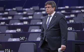 epa09924720 Exiled former Catalan leader and member of European Parliament, Carles Puigdemont, arrives for a debate on the follow up of the Conference on the Future of Europe, at the European Parliament in Strasbourg, France, 03 May 2022.  EPA/JULIEN WARNAND