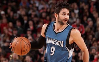 PORTLAND, OR - MARCH 25: Ricky Rubio #9 of the Minnesota Timberwolves drives to the basket against the Portland Trail Blazers on March 25, 2017 at the Moda Center in Portland, Oregon. NOTE TO USER: User expressly acknowledges and agrees that, by downloading and or using this Photograph, user is consenting to the terms and conditions of the Getty Images License Agreement. Mandatory Copyright Notice: Copyright 2017 NBAE (Photo by Cameron Browne/NBAE via Getty Images)