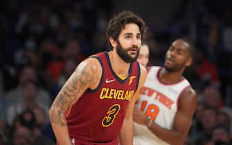 NEW YORK, NY - NOVEMBER 7: Ricky Rubio #3 of the Cleveland Cavaliers looks on during a game against the New York Knicks on November 7, 2021 at Madison Square Garden in New York, New York. NOTE TO USER: User expressly acknowledges and agrees that, by downloading and/or using this Photograph, user is consenting to the terms and conditions of the Getty Images License Agreement. Mandatory Copyright Notice: Copyright 2021 NBAE (Photo by Jesse D. Garrabrant/NBAE via Getty Images)
