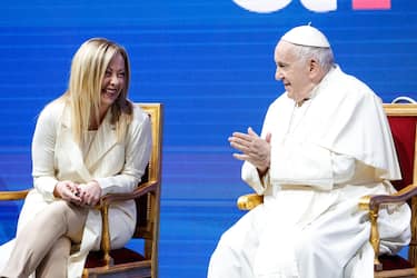 Pope Francis and Italian Prime minister Giorgia Meloni at Conciliation auditorium during the event States General of the Natality, in Rome, Italy, 11 May 2023. ANSA/GIUSEPPE LAMI