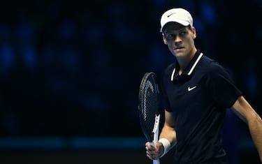Italy's Jannik Sinner reacts during his match against Russia's Daniil Medvedev at the ATP Finals tennis tournament in Turin on November 14, 2024. (Photo by Marco BERTORELLO / AFP)