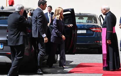 Mrs. Giorgia Meloni, Italian President of the Council of Ministers, arrives at the courtyard of San Damaso, welcomed by Monsignor Leonardo Sapienza, Regent of the Pontifical Household, for a private audience with Pope Leo XIV, Vatican, 2 July 2025. 
ANSA/MAURIZIO BRAMBATTI 
