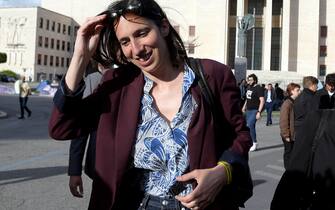 Leader of the Italian Democratic Party, Elly Schlein, visits the tent city installed by students at La Sapienza university in Rome, Italy, 11 May 2023. The students protest against too high rents.  ANSA/FABIO CIMAGLIA