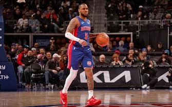 DETROIT, MI - JANUARY 24: Monte Morris #5 of the Detroit Pistons dribbles the ball during the game against the Charlotte Hornets on January 24, 2024 at Little Caesars Arena in Detroit, Michigan. NOTE TO USER: User expressly acknowledges and agrees that, by downloading and/or using this photograph, User is consenting to the terms and conditions of the Getty Images License Agreement. Mandatory Copyright Notice: Copyright 2024 NBAE (Photo by Brian Sevald/NBAE via Getty Images)