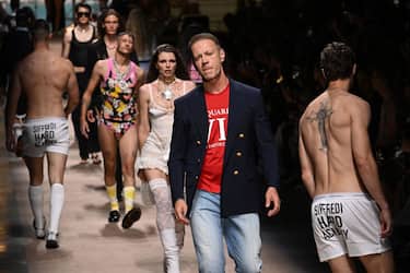 Italian pornographic actor, director and producer Rocco Siffredi (C) presents a creation for DSQUARED2's Men's Spring - Summer 2024 fashion show on June 16, 2023 as part of the Fashion Week in Milan. (Photo by Andreas SOLARO / AFP) (Photo by ANDREAS SOLARO/AFP via Getty Images)