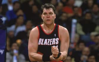 16 Nov 2000:  Arvydas Sabonis #11 of the Portland Trail Blazers walks on the court during the game against the Toronto Raptors at the Air Canada Centre in Toronto, Canada. The Blazers defeated the Raptors 86-80.    NOTE TO USER: It is expressly understood that the only rights Allsport are offering to license in this Photograph are one-time, non-exclusive editorial rights. No advertising or commercial uses of any kind may be made of Allsport photos. User acknowledges that it is aware that Allsport is an editorial sports agency and that NO RELEASES OF ANY TYPE ARE OBTAINED from the subjects contained in the photographs.Mandatory Credit: Robert Skeoch  /Allsport