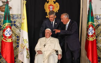Pope Francis and Portugal's President Marcelo Rebelo de Sousa (R) during the welcome ceremony at Belem Palace in Lisbon, Portugal, 02 August 2023. The Pontiff will be in Portugal on the occasion of World Youth Day (WYD), one of the main events of the Church that gathers the Pope with youngsters from around the world, that takes place until 06 August. ANDRE KOSTERS/LUSA/POOL