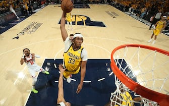 INDIANAPOLIS, IN - MAY 17: Myles Turner #33 of the Indiana Pacers dunks the ball during the game against the New York Knicks during Round 2 Game 6 of the 2024 NBA Playoffs on May 17, 2024 at Gainbridge Fieldhouse in Indianapolis, Indiana. NOTE TO USER: User expressly acknowledges and agrees that, by downloading and or using this Photograph, user is consenting to the terms and conditions of the Getty Images License Agreement. Mandatory Copyright Notice: Copyright 2024 NBAE (Photo by Nathaniel S. Butler/NBAE via Getty Images)