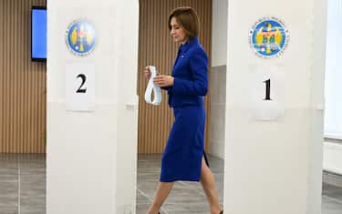 CHISINAU, MOLDOVA – SEPTEMBER 28, 2025: 
Maia Sandu, President of Moldova, casts her ballot at a polling station in Chisinau during the 2025 parliamentary election in Chisinau, Moldova, on September 28, 2025. 
Moldovans vote today to elect 101 members of parliament for a four-year term. (Photo by Artur Widak/NurPhoto)