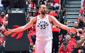TORONTO, CANADA - JUNE 2: Marc Gasol #33 of the Toronto Raptors high fives his teammates during Game Two of the NBA Finals against the Golden State Warriors on June 2, 2019 at Scotiabank Arena in Toronto, Ontario, Canada. NOTE TO USER: User expressly acknowledges and agrees that, by downloading and/or using this photograph, user is consenting to the terms and conditions of the Getty Images License Agreement. Mandatory Copyright Notice: Copyright 2019 NBAE (Photo by Jesse D. Garrabrant/NBAE via Getty Images)
