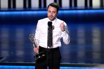 Jan 15, 2024; Los Angeles, CA, USA; Kieran Culkin accepts the award for outstanding lead actor in a comedy series during the 75th Emmy Awards at the Peacock Theater in Los Angeles on Monday, Jan. 15, 2024. Mandatory Credit: Robert Hanashiro-USA TODAY/Sipa USA