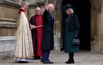 WINDSOR, ENGLAND - MARCH 31: King Charles and Queen Camilla arrive to attend the Easter Mattins Service at Windsor Castle on March 31, 2024 in Windsor, England. (Photo by Hollie Adams - WPA Pool/Getty Images)