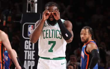 NEW YORK, NY - FEBRUARY 24: Jaylen Brown #7 of the Boston Celtics celebrates during the game against the New York Knicks on February 24, 2024 at Madison Square Garden in New York City, New York.  NOTE TO USER: User expressly acknowledges and agrees that, by downloading and or using this photograph, User is consenting to the terms and conditions of the Getty Images License Agreement. Mandatory Copyright Notice: Copyright 2024 NBAE  (Photo by Nathaniel S. Butler/NBAE via Getty Images)