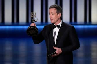 Jan 15, 2024; Los Angeles, CA, USA; Matthew Macfadyen accepts the award for outstanding supporting actor in a drama series during the 75th Emmy Awards at the Peacock Theater in Los Angeles on Monday, Jan. 15, 2024. Mandatory Credit: Robert Hanashiro-USA TODAY/Sipa USA