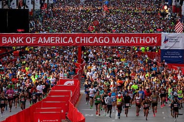 CHICAGO, ILLINOIS - OCTOBER 08: A general view of the start line as runners compete in the 2023 Chicago Marathon at Grant Park on October 08, 2023 in Chicago, Illinois. (Photo by Michael Reaves/Getty Images)