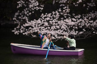 TOKYO, JAPAN - 2022/03/30: Visitors enjoy boating underneath Sakura trees in Chidorigafuchi moat near the Imperial palace in central Tokyo during cherry blossom season. Cherry tree blossom season is peaking in Tokyo. Citizens and visitors from other parts of Japan visit public parks to enjoy the beautiful blooming Sakura trees. A symbol of spring and the course of life, the trees will lose the petals quickly to make space for green leaves". (Photo by Stanislav Kogiku/SOPA Images/LightRocket via Getty Images)