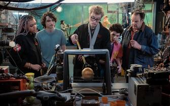 Lucky (Celeste O’Connor), Trevor (Finn Wolfhard), Lars Pinfield (James Acaster), Podcast (Logan Kim) and Ray (Dan Aykroyd) in Columbia Pictures’ GHOSTBUSTERS: FROZEN EMPIRE.