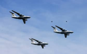 MOSCOW, RUSSIA - MAY 07: Russian Ilyushin Il-76MD planes fly over Moscow during the general rehearsal for the Victory Day parade in Moscow, Russia, 07 May 2022. The Victory parade will take place on the Red Square on 09 May to commemorate the victory of the Soviet Union's Red Army over Nazi-Germany in WWII. (Photo by Sefa Karacan/Anadolu Agency via Getty Images)