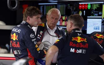AUTODROMO NAZIONALE MONZA, ITALY - SEPTEMBER 01: Max Verstappen, Red Bull Racing, Helmut Marko, Consultant, Red Bull Racing, and Christian Horner, Team Principal, Red Bull Racing, in the garage during the Italian GP at Autodromo Nazionale Monza on Friday September 01, 2023 in Monza, Italy. (Photo by Steven Tee / LAT Images)
