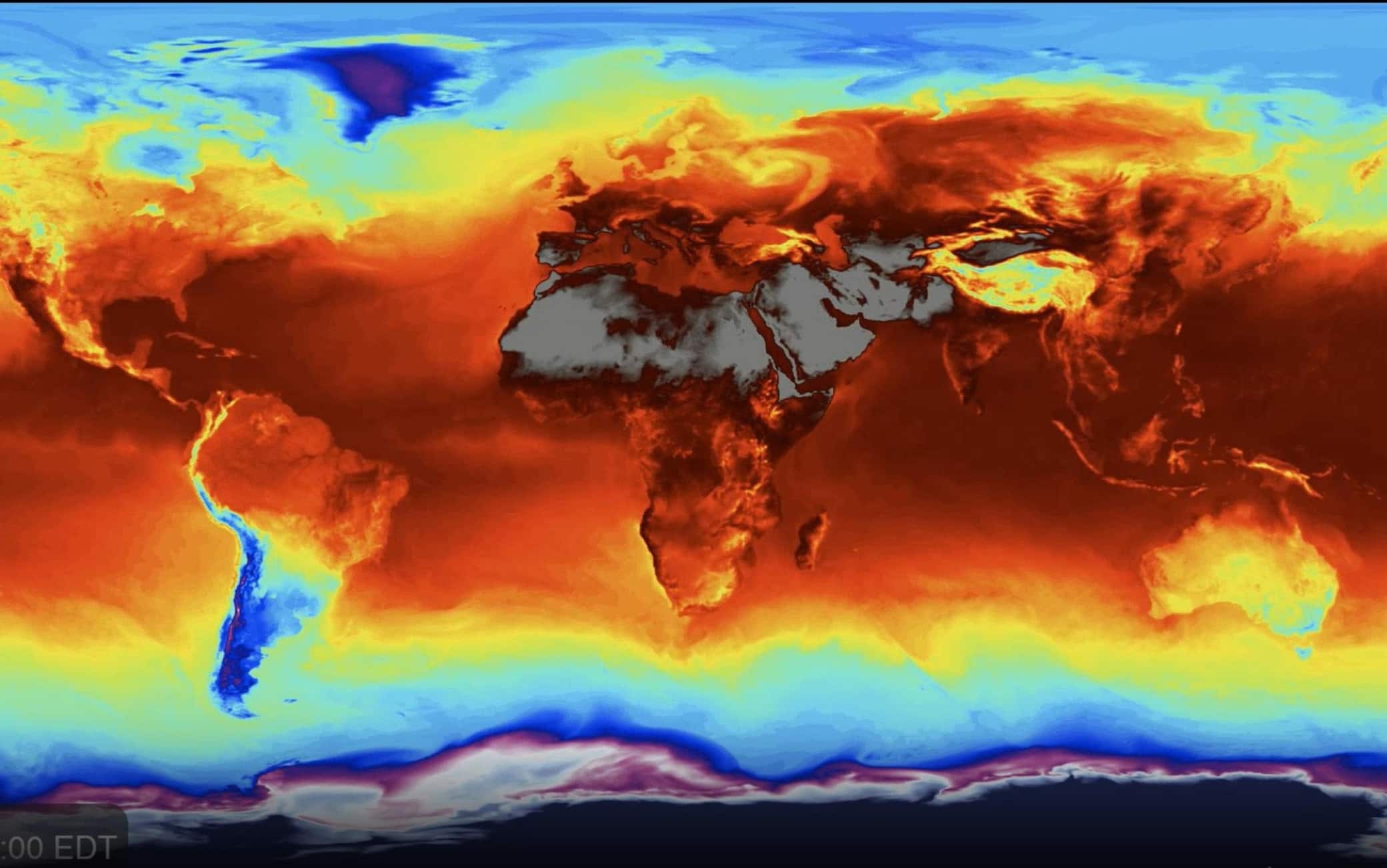 Un frame tratto da un video realizzato dal Global Modeling and Assimilation Office dell'agenzia spaziale Nasa, 2 luglio 2025. un frame della nasa